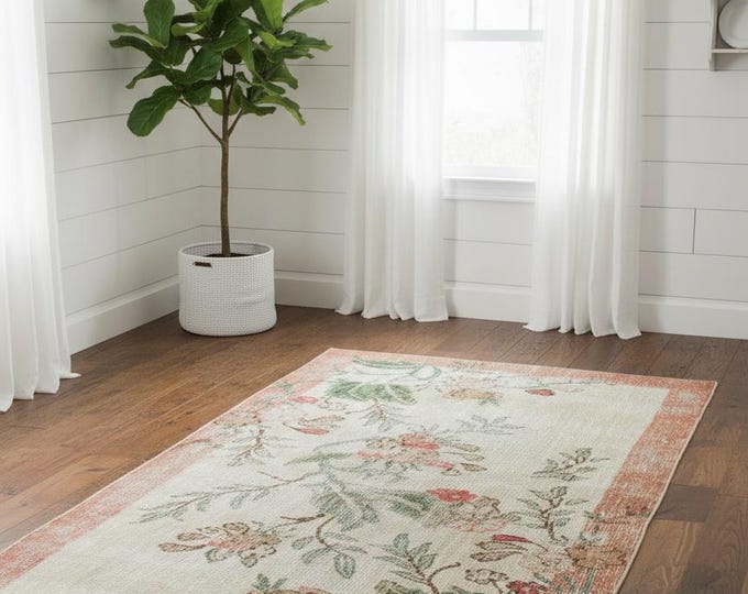 Vintage Floral Pastel Rug 34"x66" Distressed Cream & Terracotta