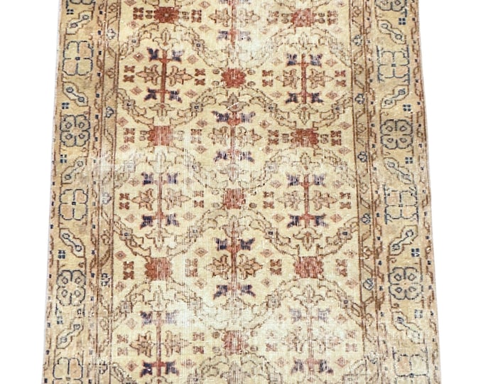 Vintage Turkish Area Rug 42x77 Inch Hand Knotted Wool