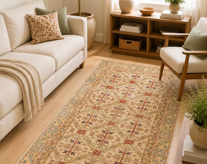 Turkish Area Rug, Vintage Isparta Handwoven Wool Geometric Floral, Distressed Beige Terracotta, 3.5x6.4 ft