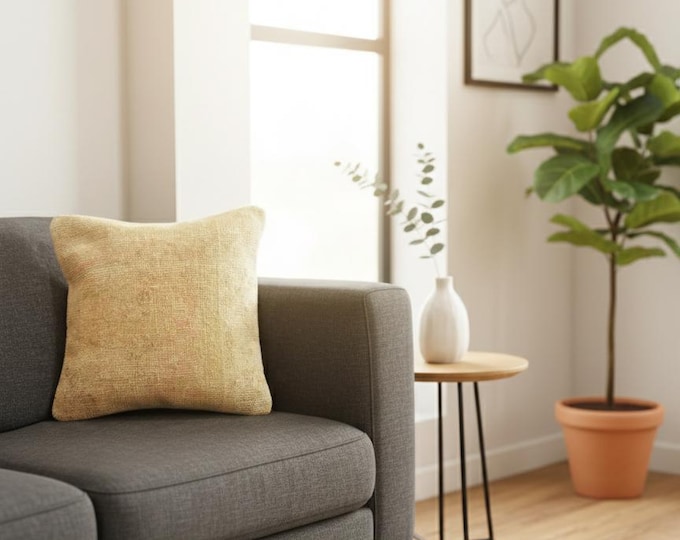 16x16 inch Handwoven Wool Pillow | Turkish Rug Cushion Cover | Farmhouse Rustic Home Decor