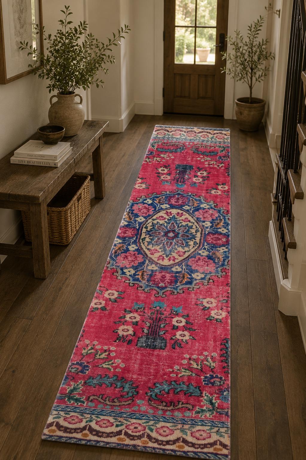 Vintage Turkish Isparta Runner Rug, Handwoven Wool Floral Medallion, Hot Pink Cobalt, 2.6x8.6 ft