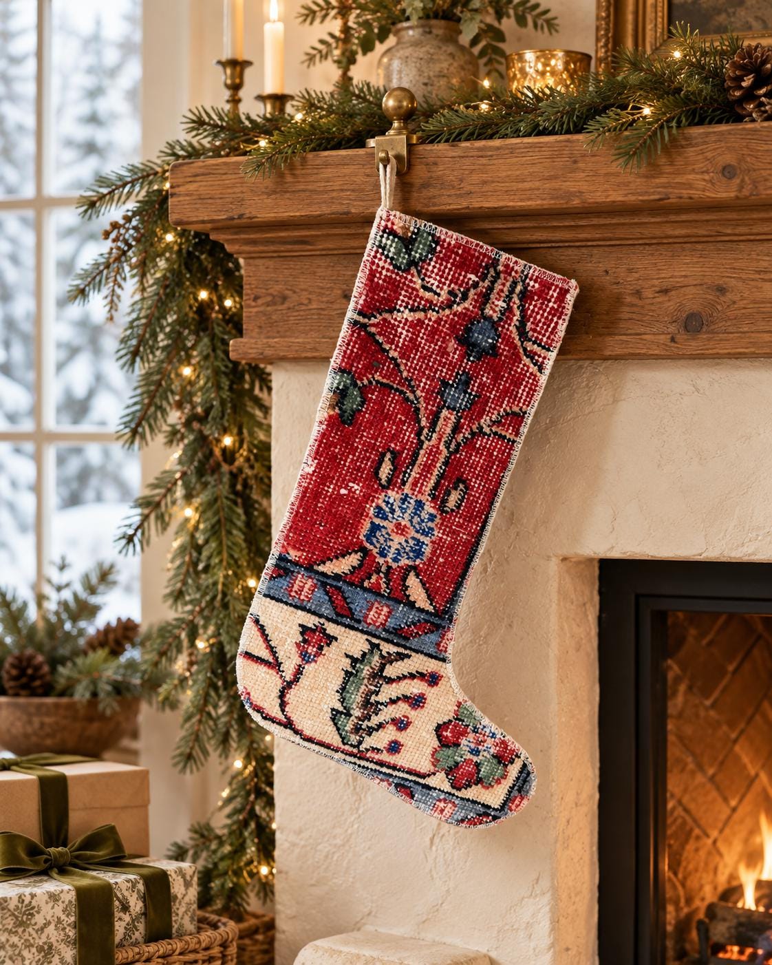 Vintage Turkish Rug Christmas Stocking, Bohemian Red Floral, Cream Blue Green, 12.6x18.1 in