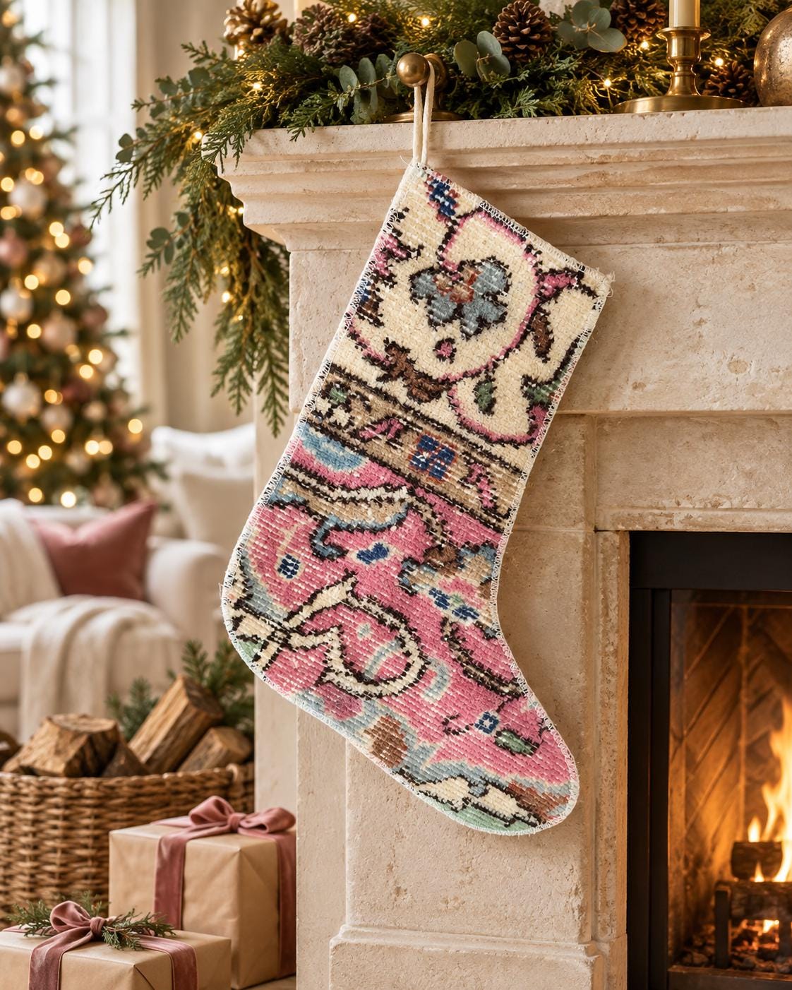 Vintage Turkish Rug Christmas Stocking, Rose Pink Floral Medallion, Cream Taupe Blue, 12.2x14.6 in
