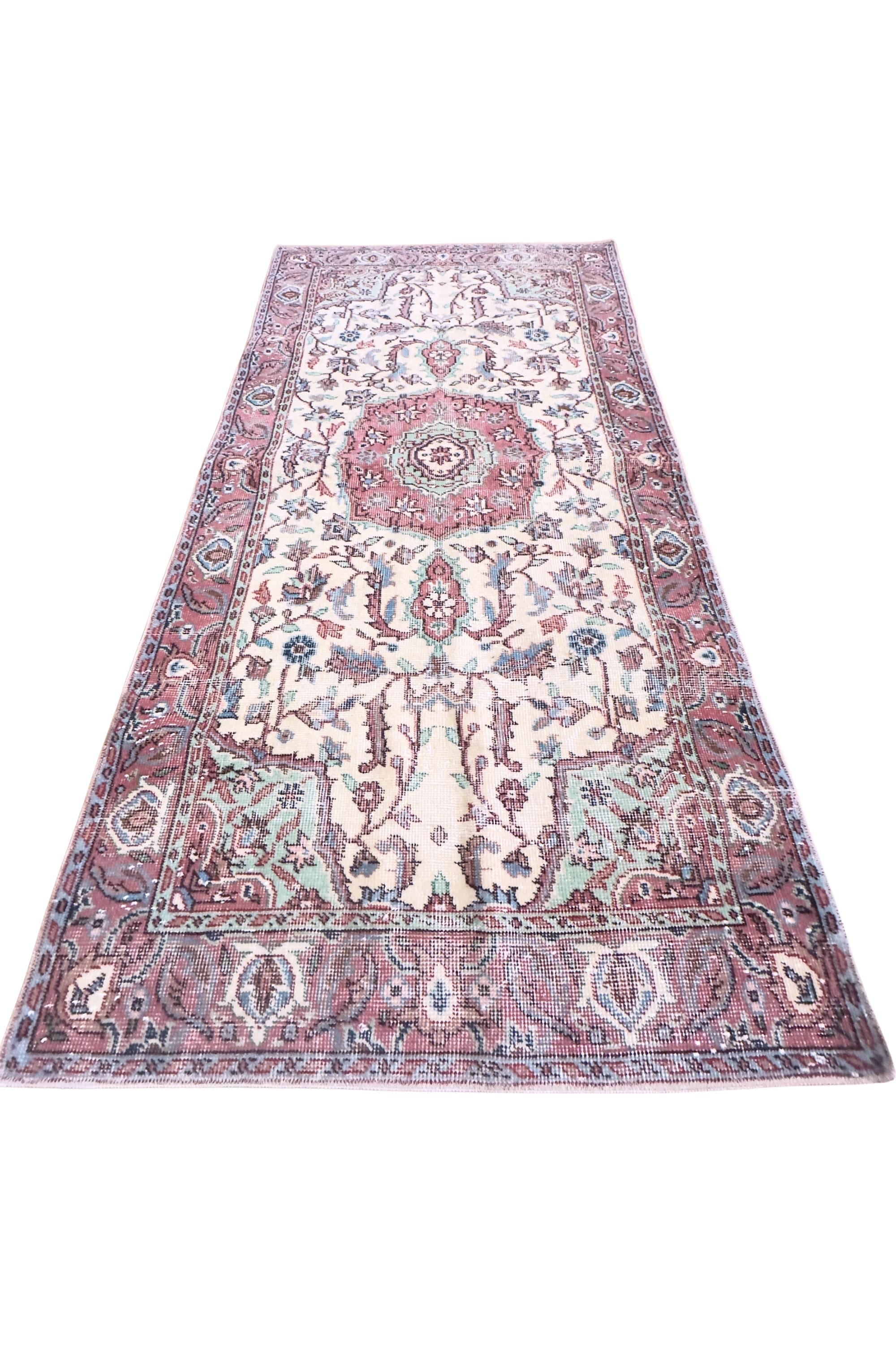 Vintage Turkish Rug, 3x6 Hand Knotted Wool, Dusty Rose Floral Medallion, Victorian Entryway Rug – view 9