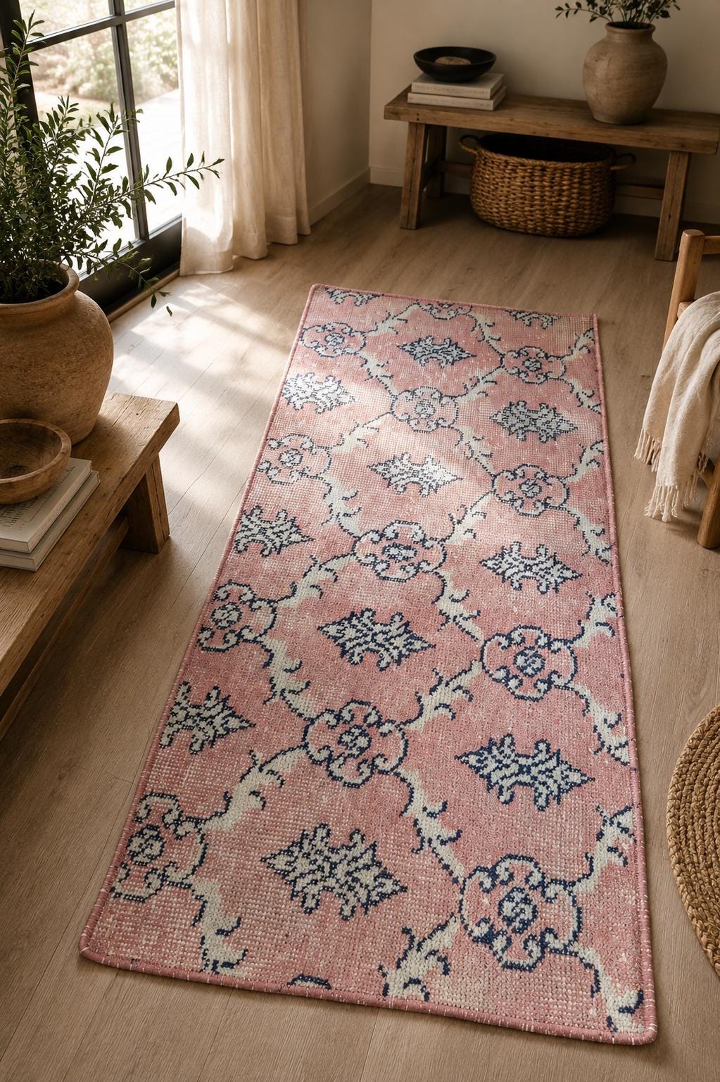 Small Turkish Vintage Rug, Handwoven Wool Floral, Ivory Blush Teal Distressed, 1.5x3.3 ft