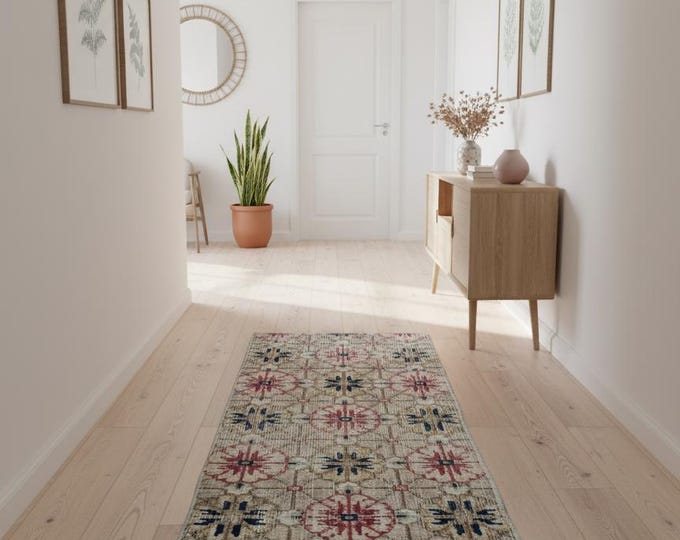 Vintage Turkish Wool Rug: Small Oushak Hallway Rug, 2x3 Ft