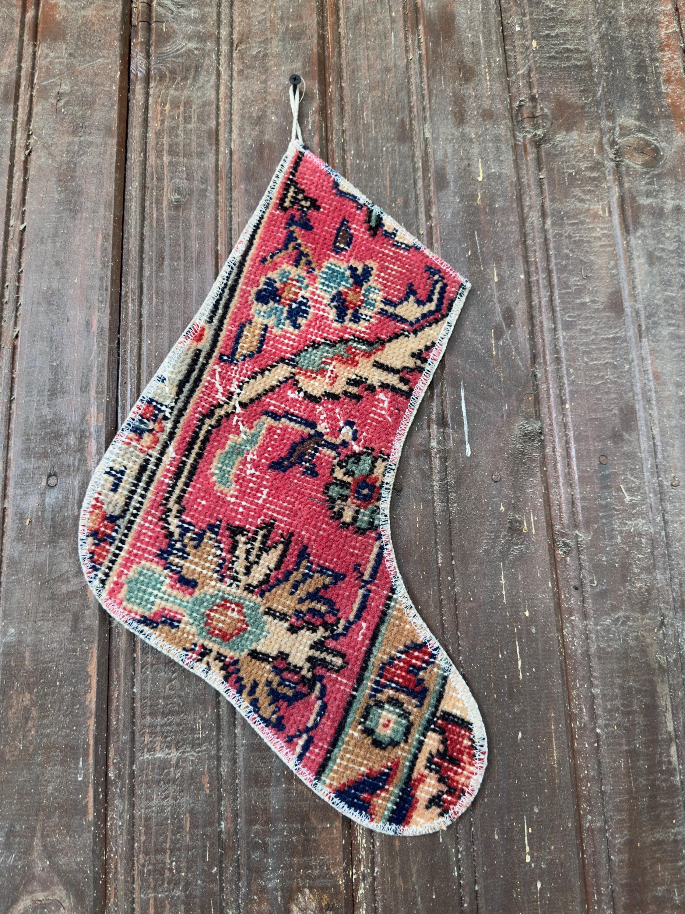 Vintage Turkish Rug Christmas Stocking, Rose Red Navy Floral, Cream Camel Sage, 12.6x11.8 in – view 4