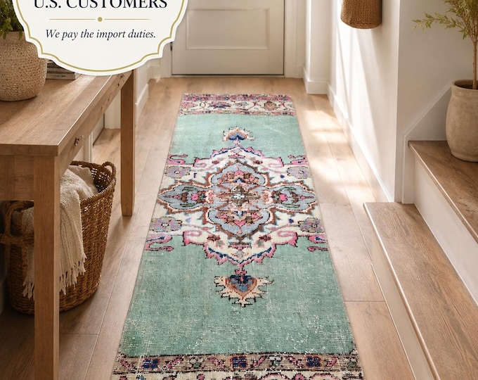 Vintage Turkish Isparta Runner Rug, Handwoven Wool Medallion, Distressed Mint Green Pink, 1.6x5.8 ft