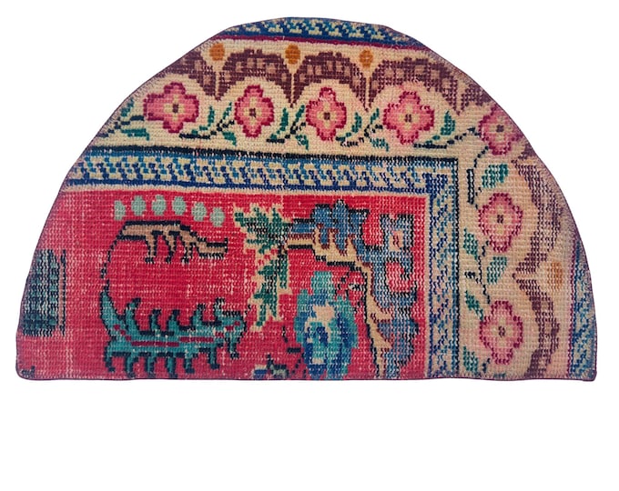 Vintage Hand-Knotted Wool Semicircle Rug, Distressed Fuchsia Red Floral Half Moon Doormat, 1.5x2.5 ft