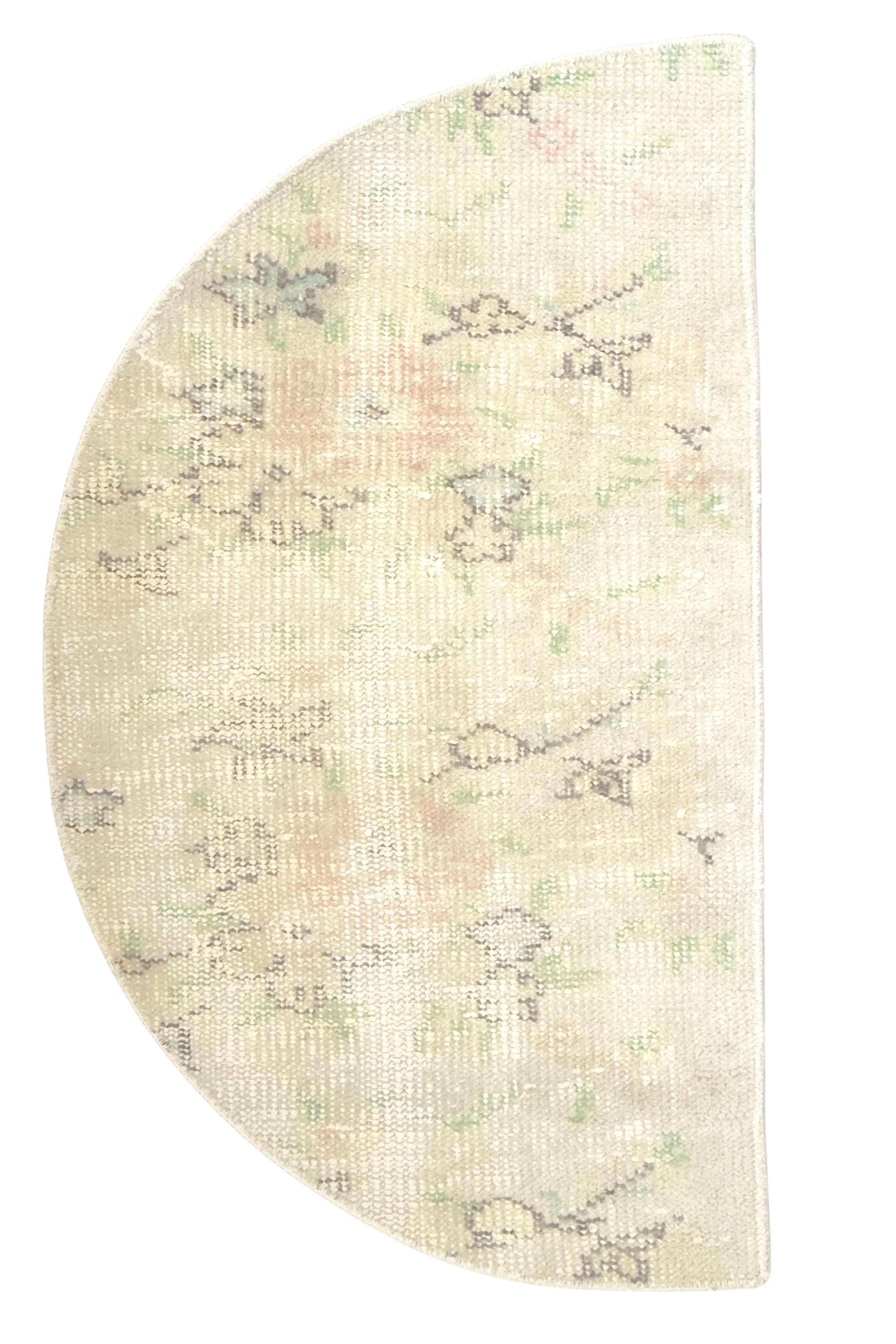Vintage Turkish Semicircle Rug, Handwoven Wool, Ivory Blush Pink Sage Faded, 1.6x2.77 ft – view 6