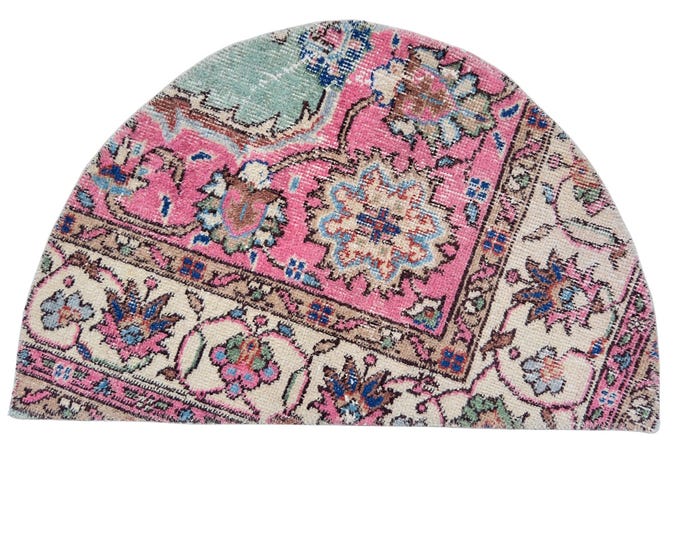 Vintage Turkish Isparta Semicircle Rug, Hand Knotted Wool Floral, Pink Ivory Mint, Half Moon