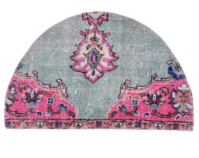 Vintage Turkish Isparta Semicircle Rug, Hand Knotted Wool, Mint Green Pink Medallion, Half Moon