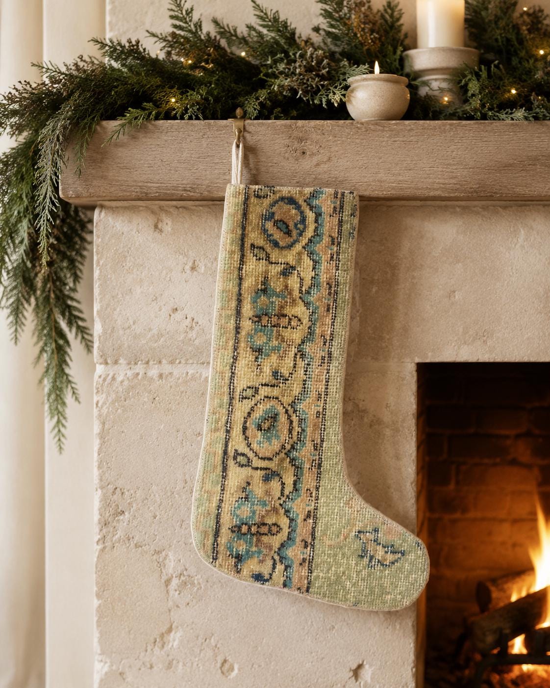 Turkish Rug Christmas Stocking, Handmade Vintage Anatolian Wool, Boho Fireplace Decor, Blue, Rustic Gift