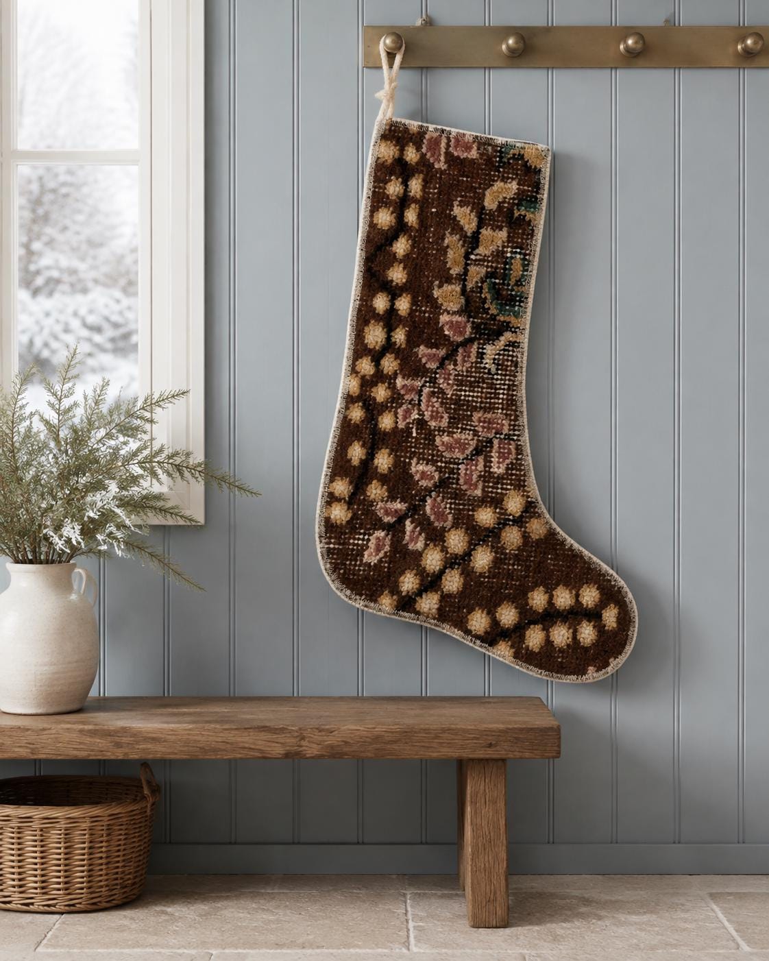 Turkish Rug Christmas Stocking, Handmade Vintage Anatolian Wool, Boho Fireplace Decor, Brown, Rustic Gift