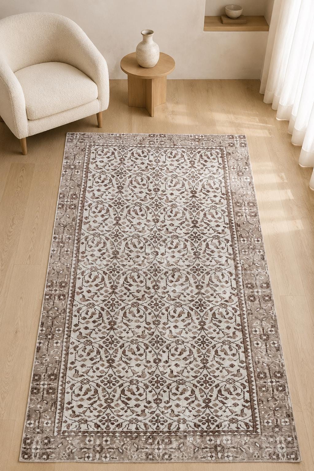 Vintage Turkish Area Rug, 3.4x6.7 ft, Ivory Taupe Brown, Herati Lattice