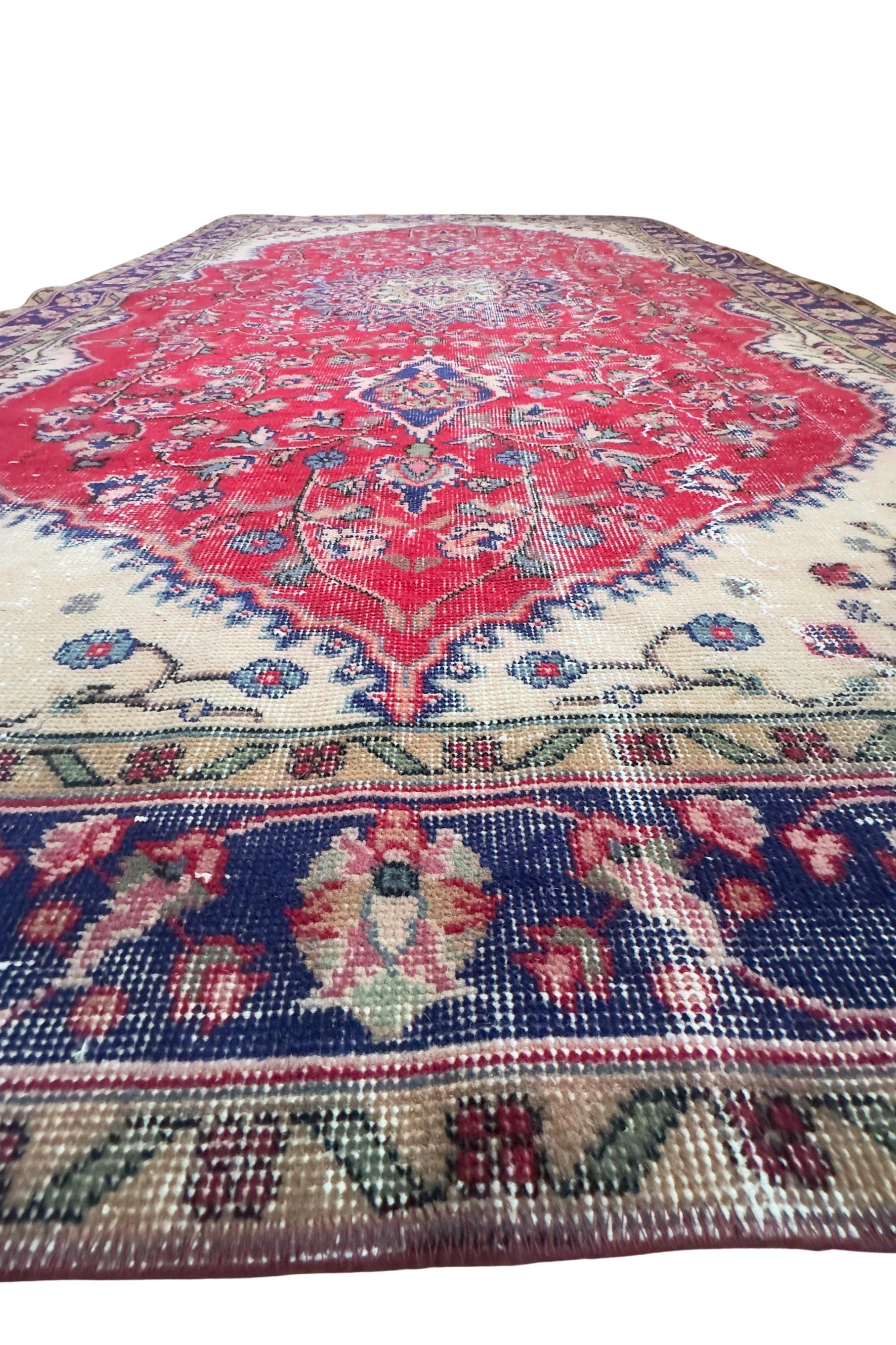 Vintage Turkish Area Rug, Hand-Knotted Wool Medallion, Faded Crimson Red Navy, 6x9 ft – view 8
