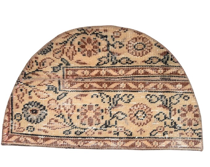 Vintage Patchwork Semicircle Rug 18x29 Inch Hand Knotted Wool