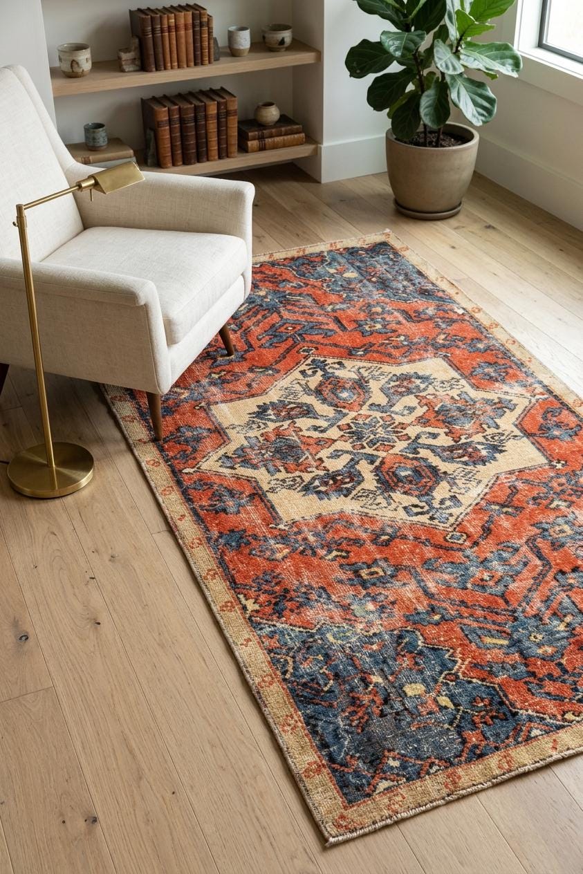 Vintage Turkish Area Rug, 2.9x6.4 ft, Terracotta Navy Cream, Diamond Medallion