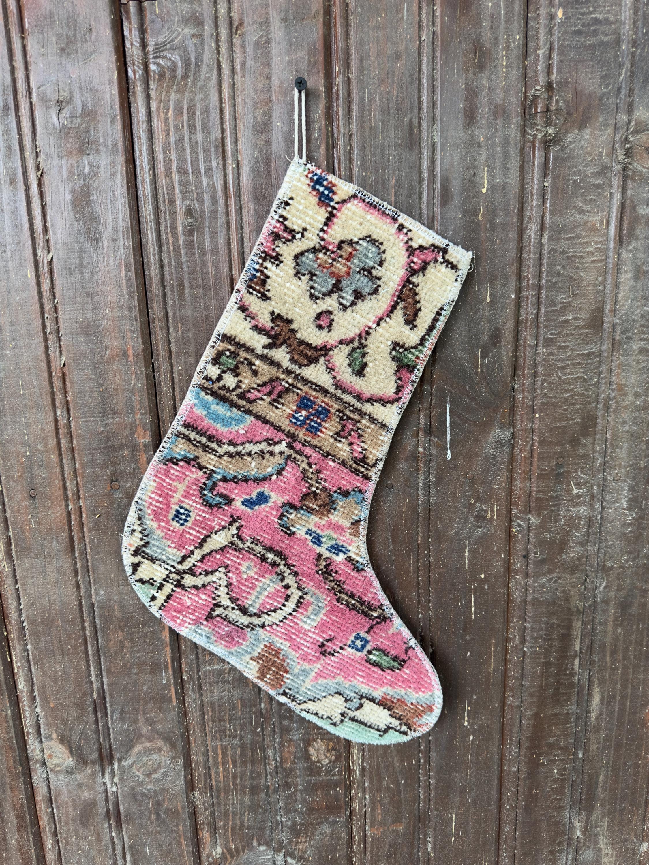 Vintage Turkish Rug Christmas Stocking, Rose Pink Floral Medallion, Cream Taupe Blue, 12.2x14.6 in – view 3