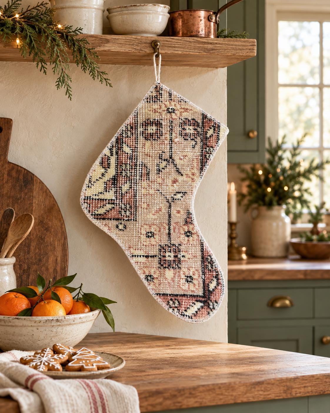 Vintage Turkish Rug Christmas Stocking, Faded Floral Medallion, Cream Peach Terracotta Brown, 10.6x12.6 in