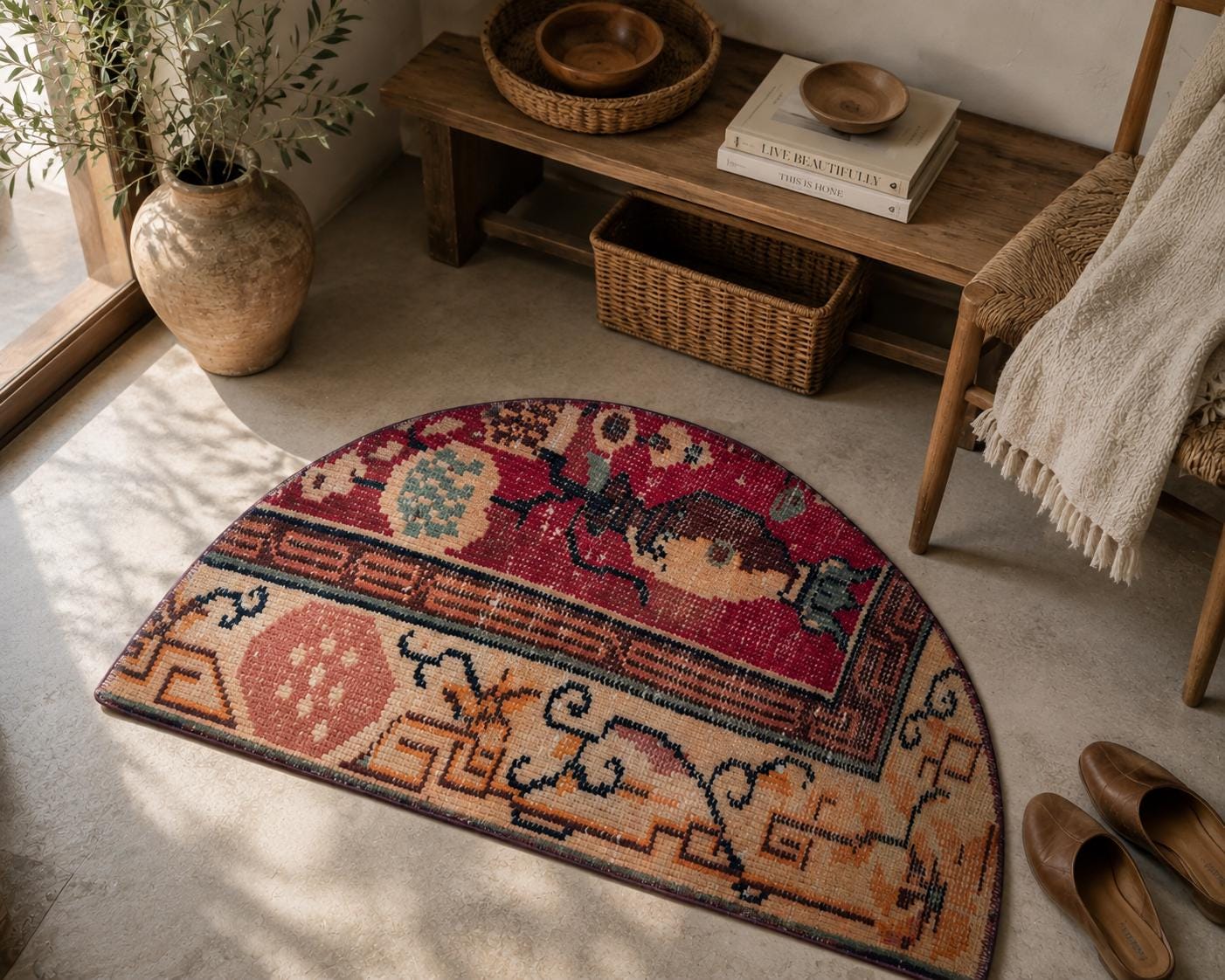 Vintage Turkish Semicircle Rug, Hand-Knotted Wool Red Vase Floral Design, Crimson, 1.5x2.5 ft