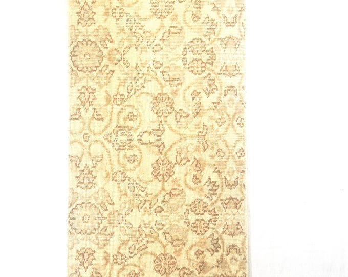 Vintage Turkish Small Rug 21x45 Inches Beige Floral Oushak Style