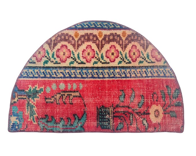 Vintage Isparta Semicircle Rug, Handwoven Turkish Wool Doormat, Red Floral Animal Figure, Half Moon, 1.6x2.5 ft