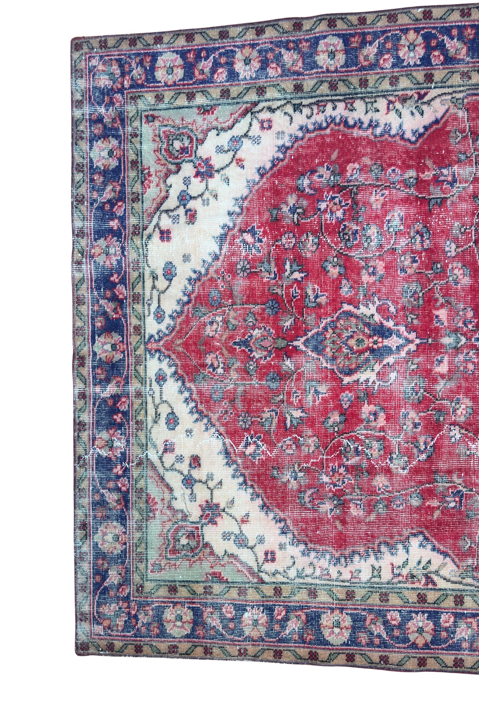 Vintage Turkish Area Rug, Hand-Knotted Wool Medallion, Faded Crimson Red Navy, 6x9 ft – view 17