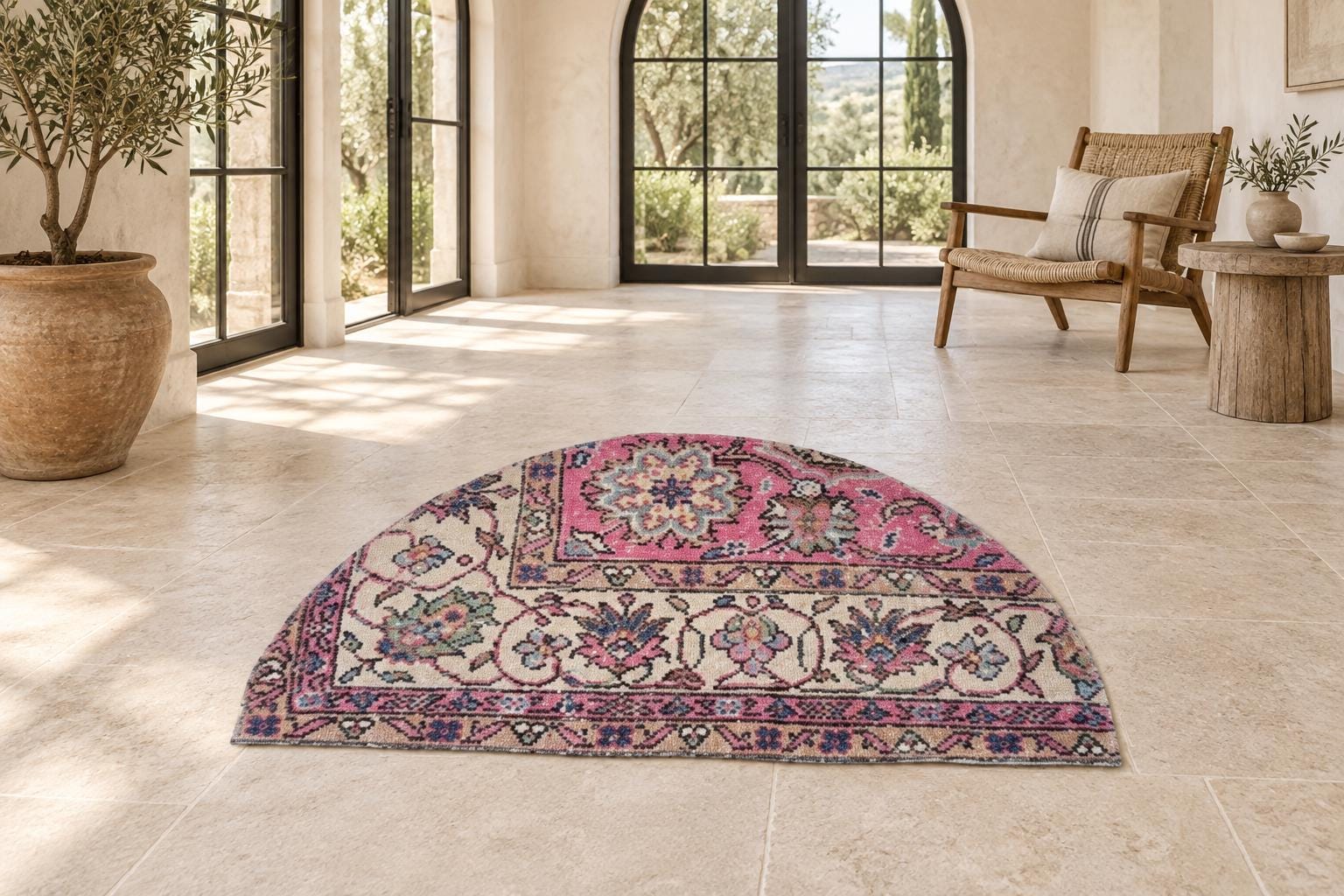 Vintage Turkish Semicircle Rug, Half Moon Doormat, Pink Ivory Navy, Entryway Rug, 19x30 in
