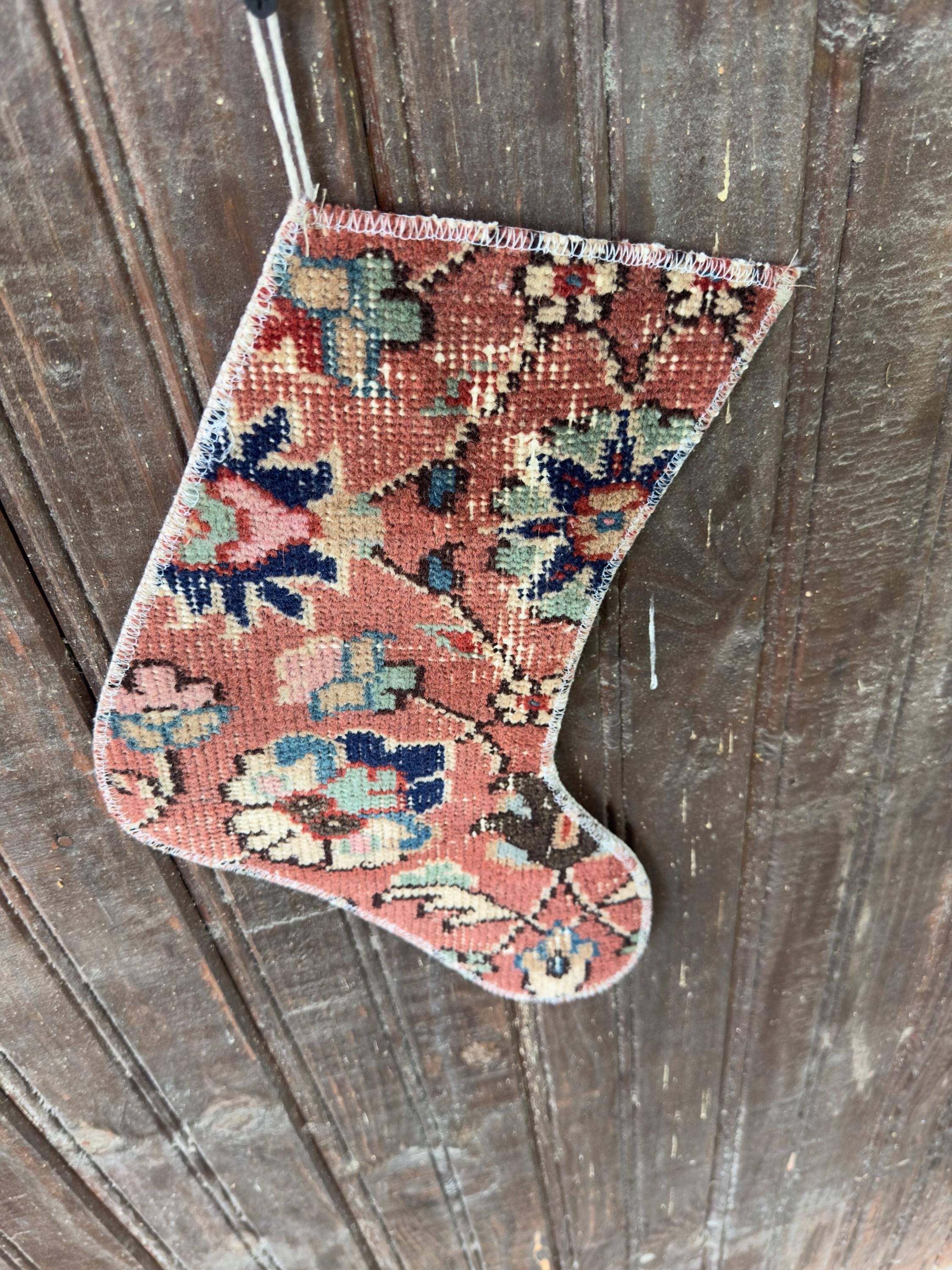 Vintage Turkish Rug Christmas Stocking, Terracotta Navy Sage Floral, Cream Pink Teal, 12.2x11.8 in – view 6