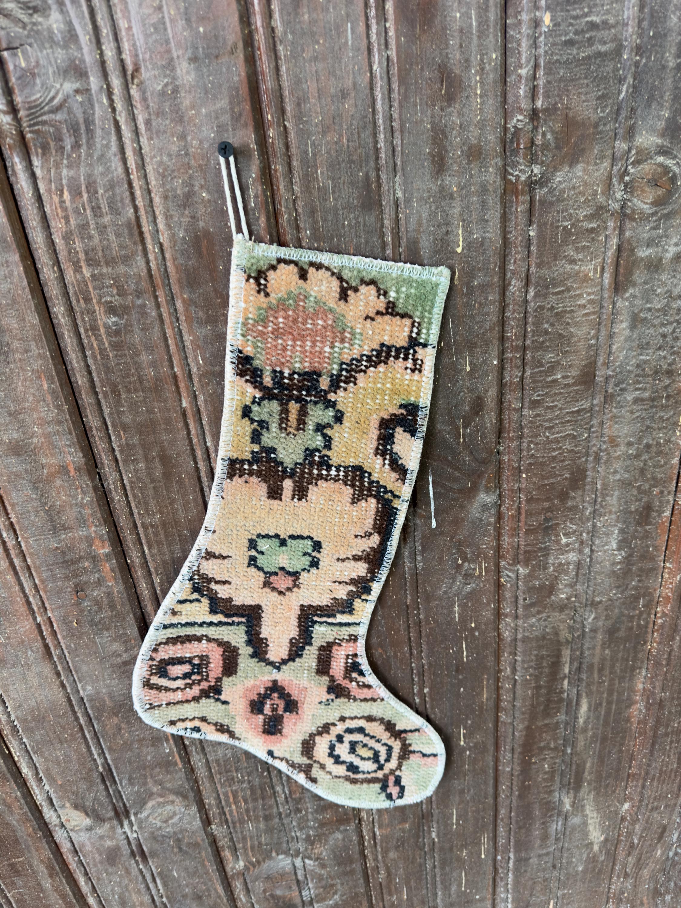 Vintage Turkish Rug Christmas Stocking, Large Peach Flower, Sage Salmon Mustard Brown, 11.8x16.1 in – view 6