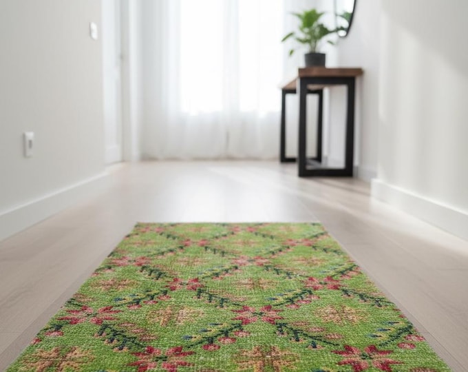 Green Black Pink Runner – Handwoven Turkish Wool Rug