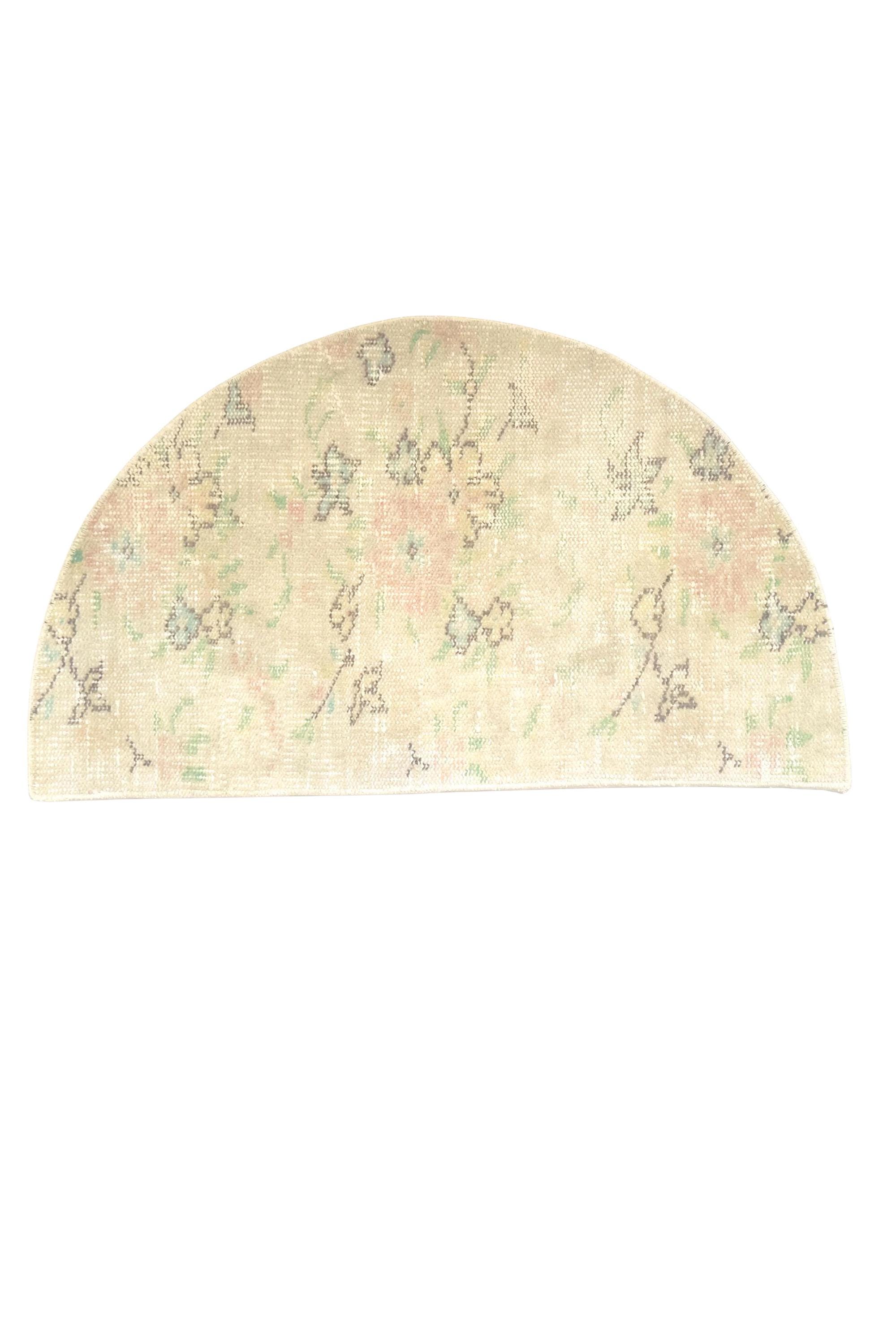 Vintage Turkish Semicircle Rug, Handwoven Wool Floral, Ivory Blush Pink Sage Green, 1.6x2.77 ft – view 3