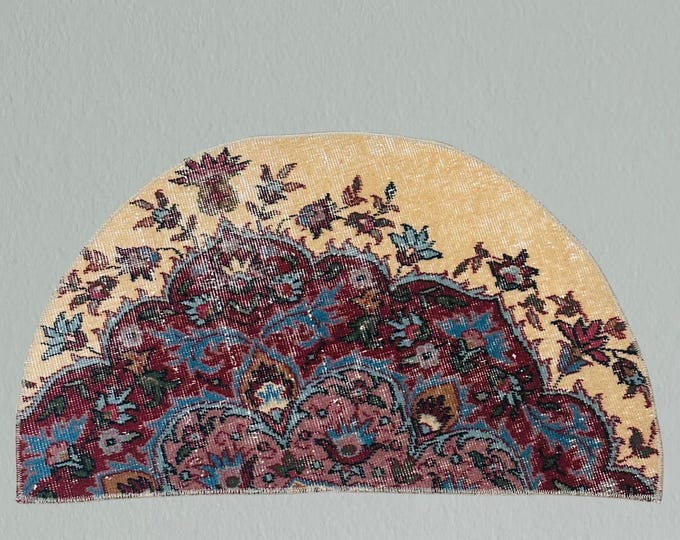 Handmade Wool Turkish Rug: Vintage Floral Doormat, 1970s