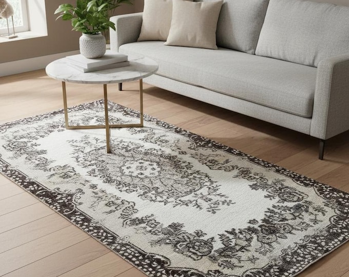 Vintage Hand Knotted Turkish Rug 44×87 in (3.6×7.2 ft) | Ivory Brown Beige Wool Medallion Carpet | Farmhouse Living Room | Free DDP