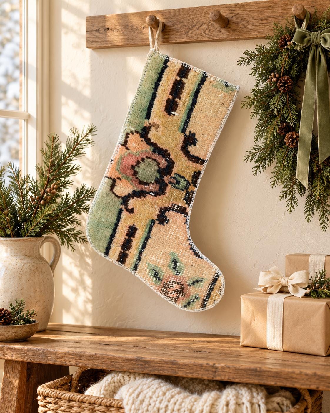 Vintage Turkish Rug Christmas Stocking, Sage Peach Floral Scroll, Mustard Black Brown, 12.2x14.2 in