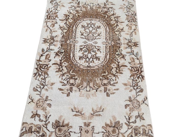 Vintage Turkish Hand-Knotted Runner Rug 2.8x6.8 ft | Distressed Ivory Brown Medallion Wool Carpet |Handmade Anatolian Rose Floral Runner Rug