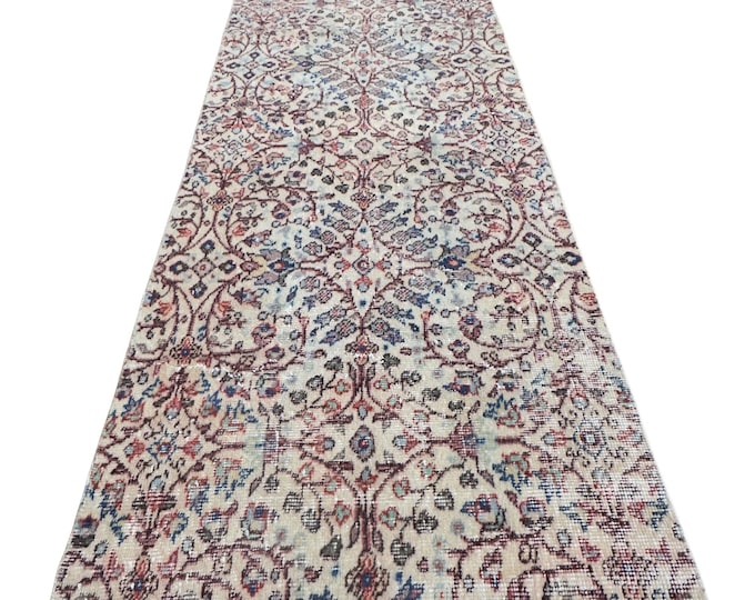 Vintage Hand-Knotted Wool Runner Rug, Distressed Ivory Burgundy Blue Floral Hallway Carpet, 2.5x6.4 ft