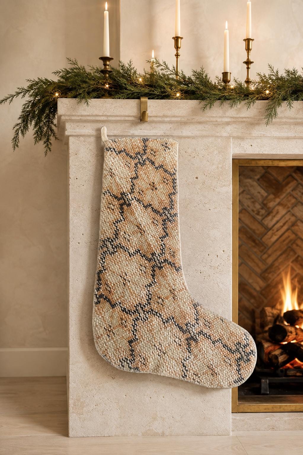 Turkish Rug Christmas Stocking, Handmade Vintage Anatolian Wool, Boho Fireplace Decor, Tan, Rustic Gift