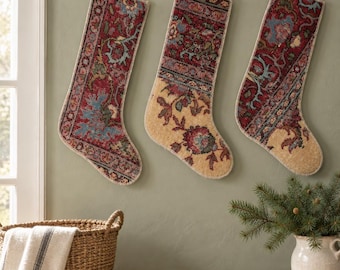 Vintage Ręcznie Wiązane Tureckie Wełniane Skarpety Świąteczne, Zestaw 3, Bordowy & Kremowy
