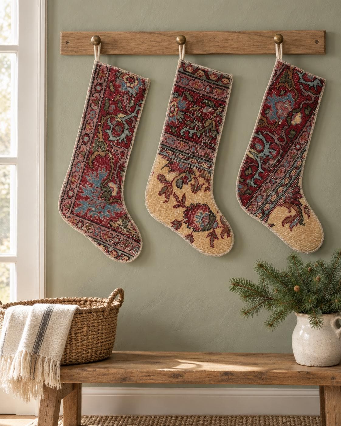 Vintage Hand Knotted Turkish Wool Rug Christmas Stockings, Set of 3, Burgundy & Ivory