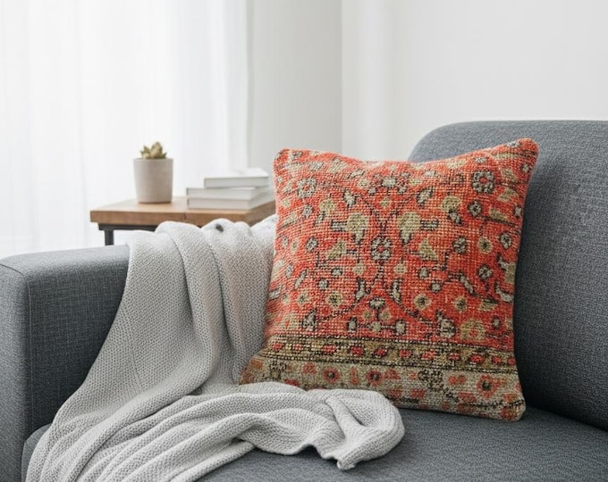 16x16 Turkish Kilim Pillow Cover – Handmade Wool Cushion, Boho Decor, Free Worldwide Shipping,