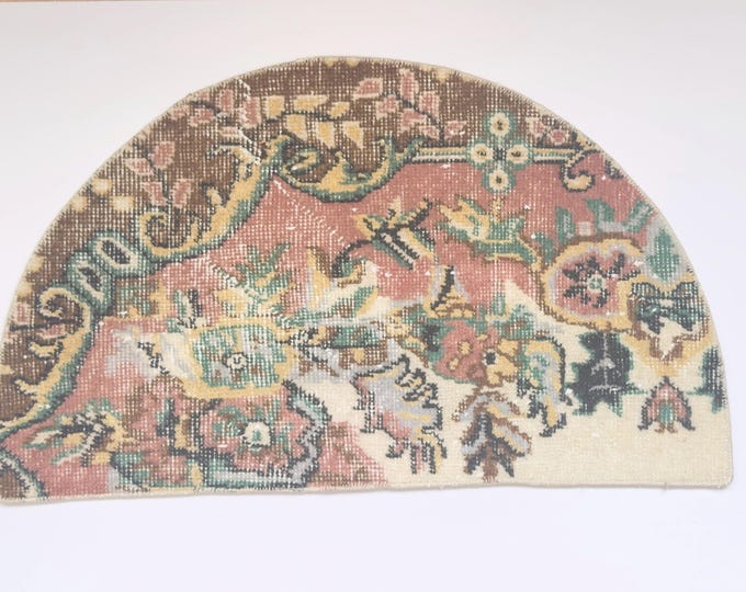 Vintage Turkish Semicircle Rug 20x33 Inch Handwoven Wool Door Mat