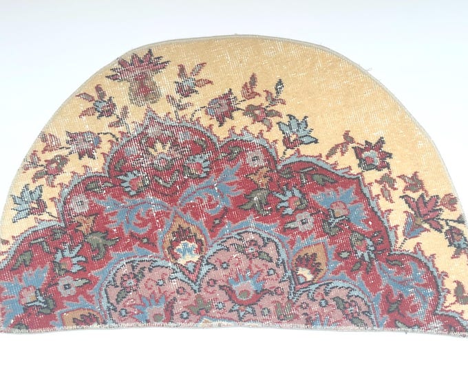 21x34 Inch Vintage Turkish Semicircle Rug, Floral Wool Half Round Entryway Rug