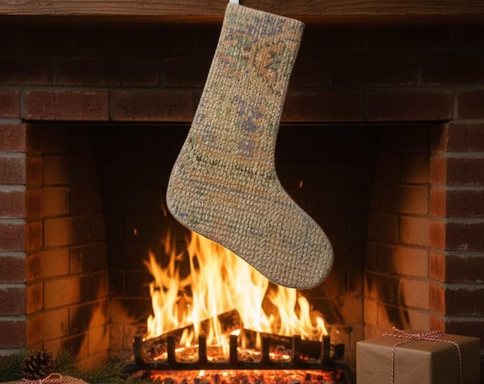 Vintage Rug Christmas Stocking – Upcycled Carpet – Beige Green Holiday Decor