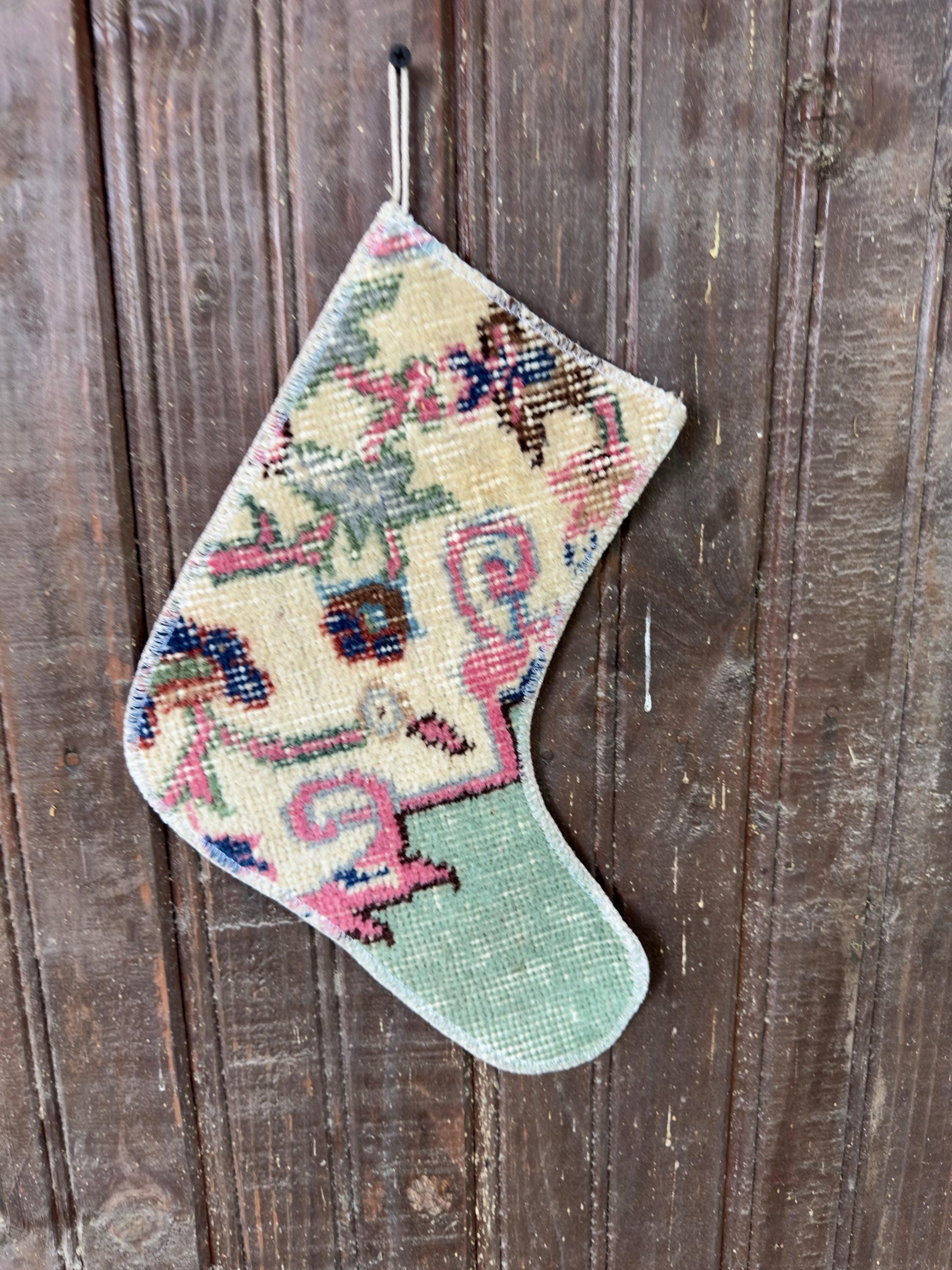 Christmas Stocking, Vintage Turkish Rug, Floral Ivory Pink Mint Green, 11 in in ivory, pink, green, central motif detail