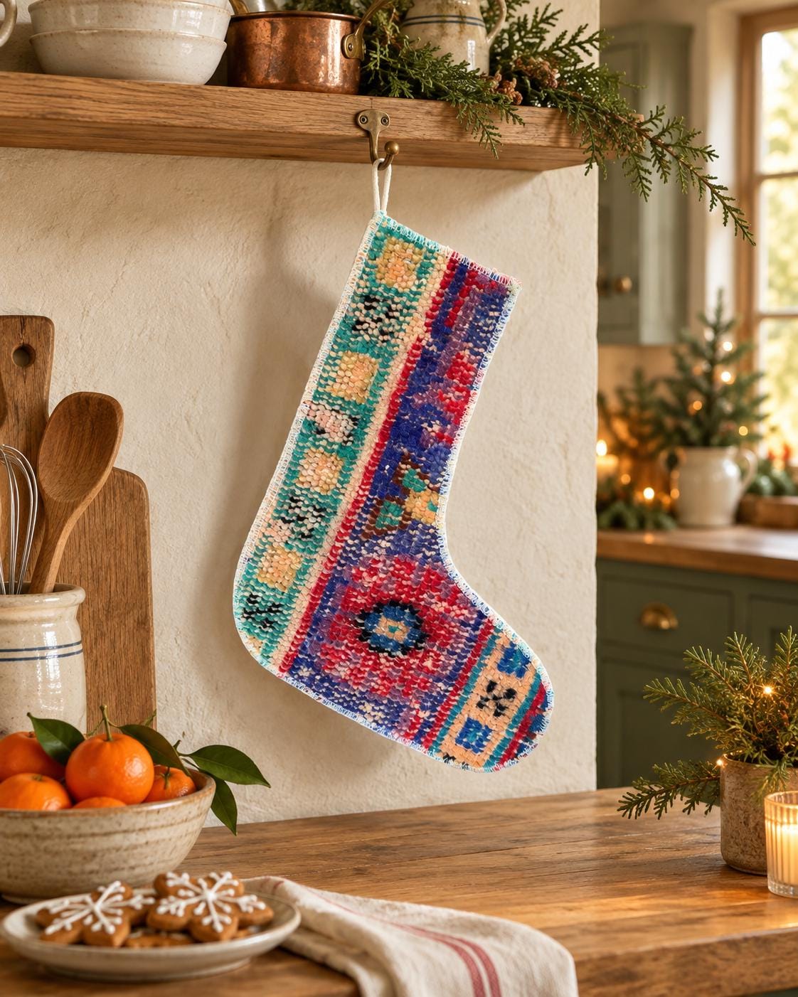 Vintage Turkish Rug Christmas Stocking, Colorful Striped Geometric, Red Indigo Teal Marigold, 12.6x9.8 in