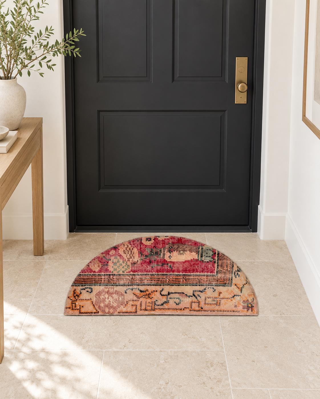 Vintage Turkish Semicircle Rug, Hand Knotted Half Moon Doormat, Pink Entryway Mat, 16.5x29 in