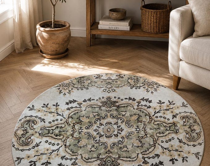 Round Area Rug, Vintage Isparta Handwoven Wool Circle, Distressed Ivory Gold Sage Medallion,