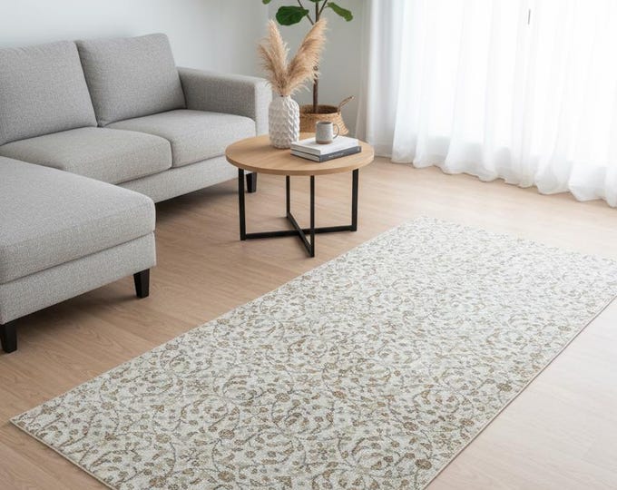 Vintage Beige Faded Floral Rug 36"x75" Neutral Distressed